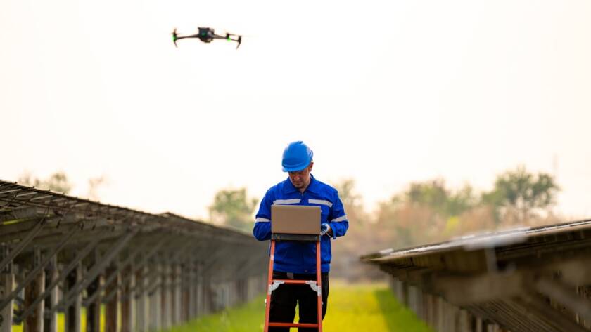 Drone operator conducting an inspection of solar panels, ensuring efficient energy use.