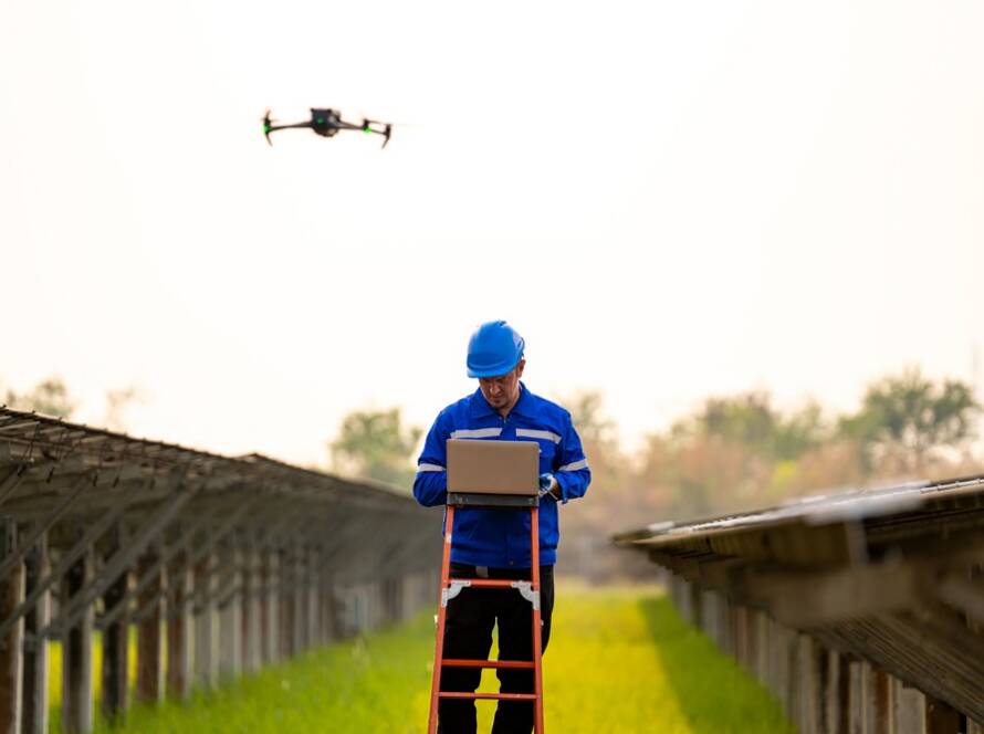 Drone operator conducting an inspection of solar panels, ensuring efficient energy use.