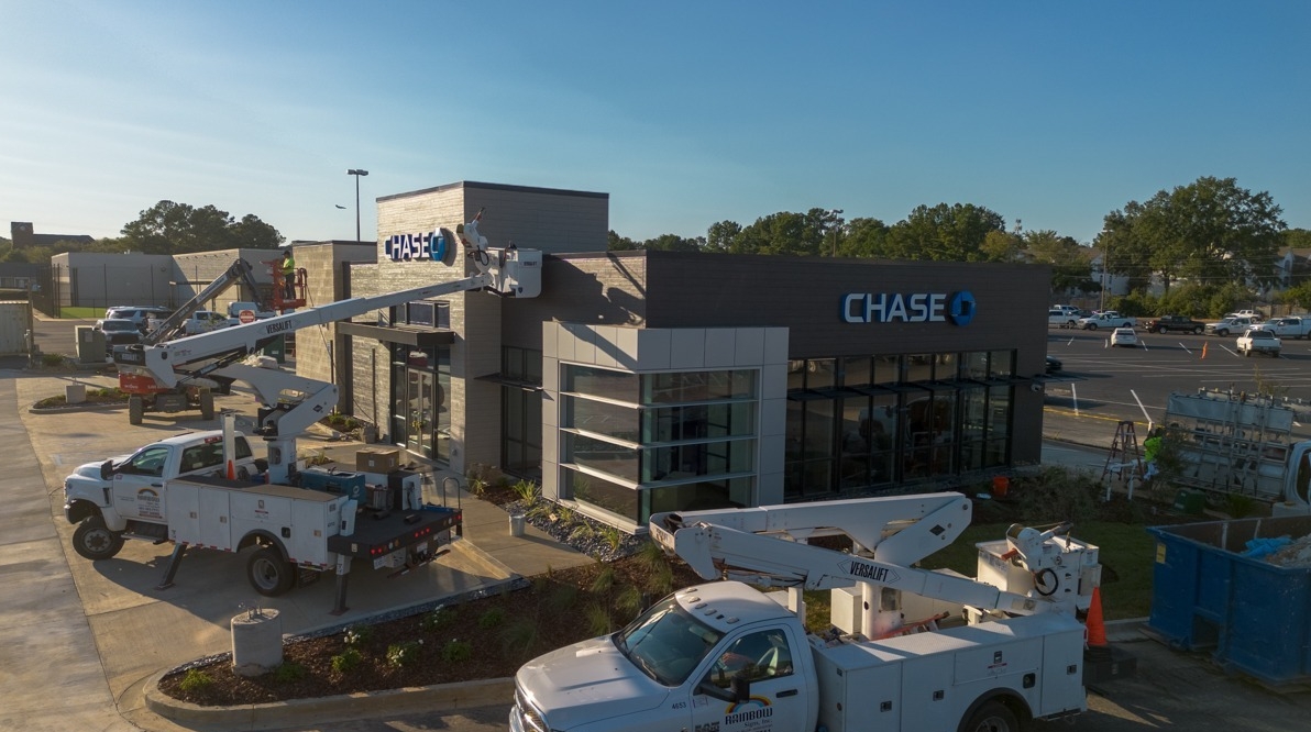 DJI_0411-HDR-2 New Chase Bank building in Crossgates Plaza, Pearl, MS—because while this picture shows a lot, a simple zooming-out motion in a video tour can reveal much more about the location and its features.